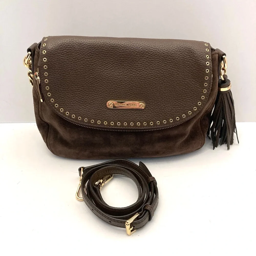 Michael Kors Bedford Bag Tassel Brown Leather Suede Convertible Crossbody Studs